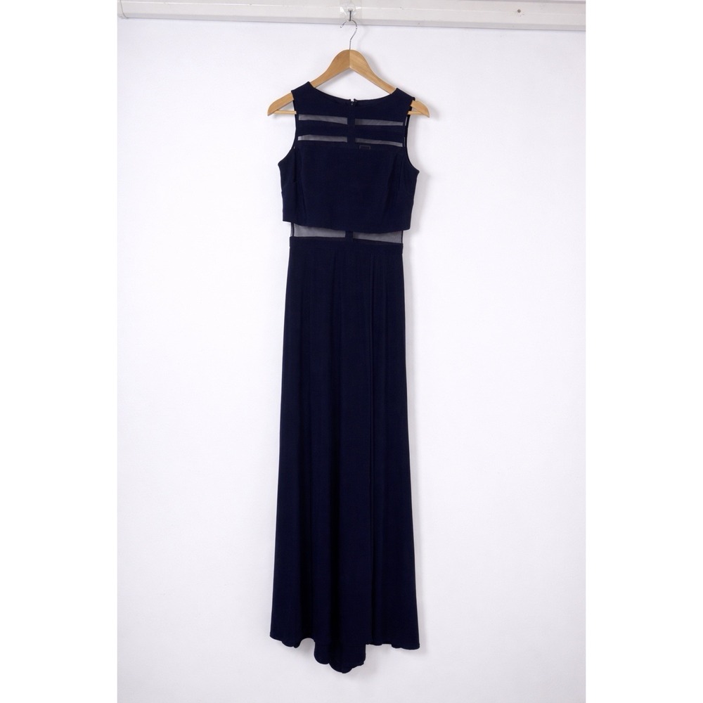 Nightway Navy Blue Mesh Cutout Maxi Dress Sleeveless Formal Evening Size 6 - Picture 2 of 7